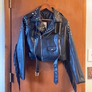 Black Studded Moto Jacket with fringe detail